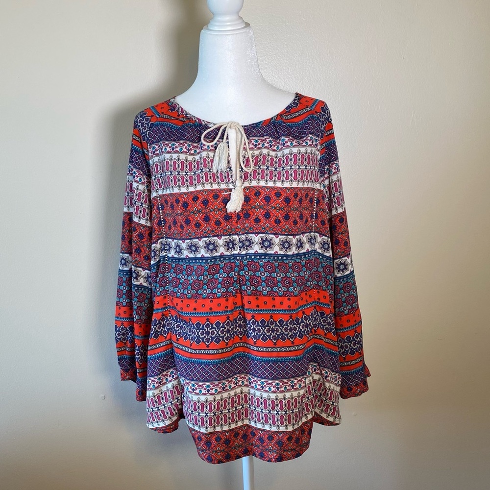 Women's Boho patterned blouse 19 Cooper  Sz L Red, white, blue 4th of Ju…
